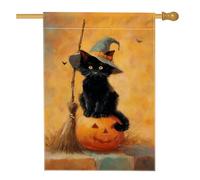Bandiera da giardino per gatti di Halloween, cappello da strega con zucca arancione, decorazione per esterni, striscione in iuta su entrambi i lati per feste autunnali, decorazione per prato, 71 x 101