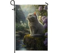 Bandiera da giardino per gatti primaverili ed estivi, motivo gatto grigio con paesaggio floreale per esterni, bandiera da giardino in iuta su entrambi i lati per la decorazione del prato 30,5 x 45,7