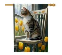 Bandiera da giardino per gatti primaverili ed estivi, motivo gatto soriano a righe con tulipani gialli, striscione decorativo per esterni in iuta su entrambi i lati, decorazione per la casa e il prato