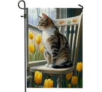 Bandiera da giardino per gatti primaverili ed estivi, motivo gatto soriano a righe con tulipani gialli, striscione decorativo per esterni in iuta su entrambi i lati, decorazione per la casa e il prato