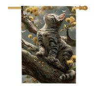 Bandiera da giardino per gatti primaverili ed estivi, tabby grigio su albero con fiori gialli, striscione esterno in iuta su entrambi i lati, decorazione per la casa per amanti degli animali