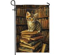 Bandiera da giardino per gattini su scaffale, decorazione per biblioteca di gatti colorati, bandiera in tela di iuta double face per la decorazione della casa, simpatici animali autunnali e