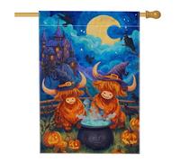 Bandiera da giardino per Halloween, motivo delle Highland, bandiera decorativa per la casa con luna blu, bandiera da giardino in iuta su entrambi i lati, decorazione per prato all'aperto, 71