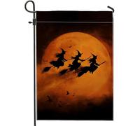 Bandiera da giardino per Halloween, strega e scopa, con silhouette di luna arancione, striscione decorativo per la casa, bandiera su entrambi i lati, decorazione stagionale per esterni, 30,5 x 45,7 cm