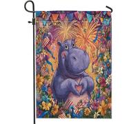 Bandiera da giardino per il 4 luglio, bandiera viola ippopotamo fuochi d'artificio floreale patriottico decorazione per la casa, doppio lato, decorazione per giardino e prato, 30,5 x 45,7 cm