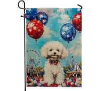 Bandiera da giardino per il quarto di luglio, bianco Bichon Frise con palloncini a stella rossa e blu, striscione decorativo estivo per la casa, decorazione per la casa su entrambi i lati, motivo