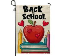 Bandiera da giardino per il ritorno a scuola, con frutti rossi con cuori e matite colorate, decorazione per esterni in iuta su entrambi i lati, per aule e prato, 30,5 x 45,7 cm