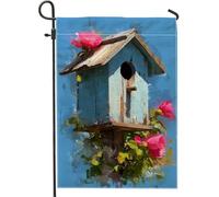 Bandiera da giardino per la casa degli uccelli primaverile e estiva, bandiera da giardino rustica blu con fiori di pesco e fiori di pesco, bandiera in iuta su entrambi i lati, decorazione per prato