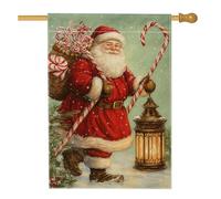 Bandiera da giardino per le vacanze natalizie, Babbo Natale rosso con lanterna e bastoncini di zucchero, decorazione per esterni, striscione da cortile in iuta su entrambi i lati, per decorazione