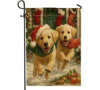 Bandiera da giardino per le vacanze natalizie, cuccioli gialli con cappelli di Babbo Natale, decorazione per esterni, striscione in iuta su entrambi i lati per la decorazione del prato 30,5 x 45,7 cm