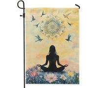 Bandiera da giardino per meditazione, colori pastello con ninfee e uccelli, decorazione per la casa all'aperto, in iuta su entrambi i lati, per primavera estate e prato, arte zen yoga per decorazione