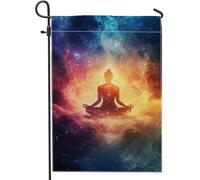 Bandiera da giardino per meditazione cosmica, nebulose colorate Buddha decorazione per esterni per gli amanti dello yoga, striscione per prato in poliestere su entrambi i lati, decorazione spirituale