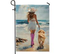 Bandiera da giardino per passeggiate sulla spiaggia, stivali da pesca e abito bianco da donna con cane, decorazione per la casa in riva al mare, bandiera da patio double face, decorazione per prato