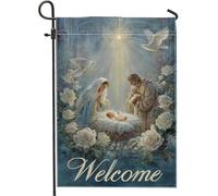 Bandiera da giardino per presepe, con rosa di piccione religiosa natalizia, blu su entrambi i lati, per esterni, patio, prato, portico, ingresso, campeggio, 30,5 x 45,7 cm