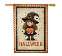 Bandiera da giardino per ragazza strega di Halloween, decorazione a zucca nera e arancione per l'autunno, striscione in iuta su entrambi i lati per la decorazione del prato all'aperto 71 x 101 cm