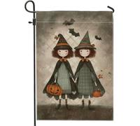 Bandiera da giardino per ragazze streghe di Halloween, striscione decorativo verde e marrone, decorazione per esterni in iuta su entrambi i lati, per autunno e vacanze, decorazione per prato 30,5 x