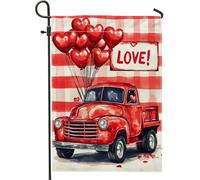 Bandiera da giardino per San Valentino, camioncino rosso con palloncini a cuore, decorazione esterna in iuta su entrambi i lati, decorazione stagionale per la casa per prato, cortile e giardino, 30,5