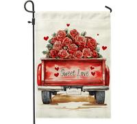 Bandiera da giardino per San Valentino, furgone rosso con rose, decorazione per esterni, bandiera d'amore in iuta, decorazione per la casa, per la primavera e l'estate, 30,5 x