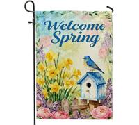 Bandiera da giardino per uccelli, con narcisi primaverili ad acquerello, casetta per uccelli giallo primaverile su entrambi i lati, piccola bandiera da giardino per esterni, portico, prato, patio