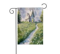Bandiera da giardino personalizzabile con cottage delle fiabe, design unico e personalizzato per decorazioni esterne, perfetta decorazione natalizia e invernale, materiale in poliestere resistente, si