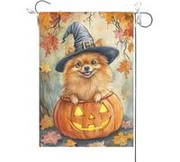 Bandiera Da Giardino Pomeranian Leaning Over The Scary Pumpkin, Halloween Fall Autumn Bandiere Decorative Durevole Bandiera Da Cortile Premium Garden Flag Per Esterno Feste Festival 30X45CM
