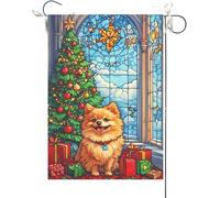 Bandiera Da Giardino Pomeranian With Vibrant Stained Glass Design And Flower Background Bandiere Decorative Durevole Bandiera Da Cortile Colore Vivido Garden Flag Per Esterno Feste 30X45CM