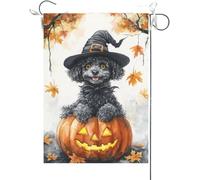 Bandiera Da Giardino Poodle Leaning Over The Scary Pumpkin, Halloween Fall Autumn Bandiera Verticale Durevole Garden Flag Colore Vivido Bandiera Da Cortile Per Feste Celebrazioni 30X45CM