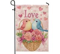 Bandiera da giardino primavera ed estate motivo uccelli d'amore, cesto floreale blu pesca, bandiera decorazione per la casa, bandiera in iuta double face, decorazione per prato all'aperto