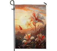 Bandiera da giardino primaverile 3D paesaggio naturale fiore farfalla tramonto estetica foresta rosso arancione pannello decorazione parete patio giardino interno casa dimensioni standard 30,5 x 45,7