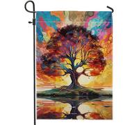 Bandiera da giardino primaverile Astratto Artistico Albero della Vita Disegni Lago Pianta Boemia Foglie Colorato lino segno decorazione per la casa esterno patio giardino interno Casa Premium