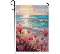 Bandiera da giardino primaverile bellissimo oceano spiaggia floreale costiera alba città pianta natura mare blu rosa pannello decorazione parete esterno patio giardino interno casa dimensioni standard