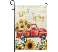 Bandiera da giardino primaverile camion grafica girasole Hello Spring Word floreale Pianta bella pianta rosso giallo lino segno decorazione decorazione da parete esterno patio giardino interno casa