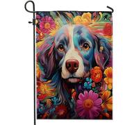 Bandiera da giardino primaverile cane carino fiore pianta graffiti disegni foglie divertente prange blu lino segno decorazione decorazione per la casa decorazione da parete esterno patio giardino