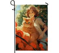 Bandiera da giardino primaverile carino gatto bella ragazza acquerello fiore botanico rosso verde lino pannello decorazione casa decorazione parete esterno patio giardino interno casa premium