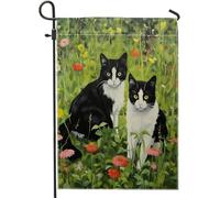 Bandiera da giardino primaverile carino gatto pittura a olio fiore foglie botanici animali verde nero bianco lino pannello decorazione casa esterno patio giardino interno casa premium dimensioni