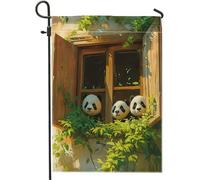 Bandiera da giardino primaverile cartone animato foglie carine panda retrò fattoria pianta finestra verde marrone lino pannello decorazione casa decorazione parete esterna patio giardino interno casa