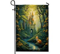 Bandiera da giardino primaverile castello, foresta, foresta, foglie botaniche, fiume, albero, natura, verde, giallo, lino, decorazione per la casa, terrazza, giardino, casa, dimensioni standard 30,5 x