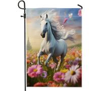 Bandiera da giardino primaverile cavallo erba albero fiore paesaggio natura animali pianta verde bianco lino pannello decorazione casa decorazione parete esterno patio giardino interno casa premium