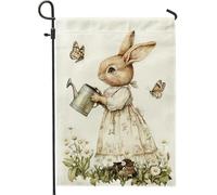 Bandiera da giardino primaverile con adorabile coniglietto e farfalle, elegante decorazione floreale per casa e cortile, striscione da esterno in iuta su entrambi i lati, perfetto per feste pasquali
