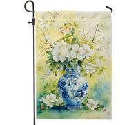 Bandiera da giardino primaverile con vaso floreale blu, fiori bianchi e foglie verdi, decorazione per la casa su entrambi i lati per prato esterno, decorazione stagionale 30,5 x 45,7 cm