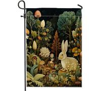 Bandiera da giardino primaverile coniglio fungo botanico floreale albero vintage carino giallo verde lino decorazione parete esterna patio giardino interno casa dimensioni standard 30,5 x 45,7 cm