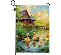 Bandiera da giardino primaverile Cottage Fiume Fattoria Anatra Floreale Pianta Nube Cielo Albero Cartone animato Giallo Verde Lino Pannello Decorazione Casa Esterno Patio Giardino Interno Casa Premium