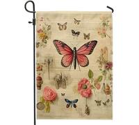 Bandiera da giardino primaverile dipinta a mano Farfalla, fiore, animali, pianta rosa, giallo chiaro, pannello di lino, decorazione per la casa, decorazione da parete, terrazza, giardino, interno