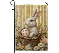 Bandiera da giardino primaverile e pasqua, bel coniglio bianco con motivo floreale a pois, tela a doppia faccia, decorazione per la casa per la decorazione del prato all'aperto, 12 x 18