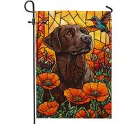 Bandiera da giardino primaverile ed estiva, con cane labrador marrone e colibrì, bandiera decorativa per esterni, bandiera floreale colorata per prato per la decorazione della casa e le feste di