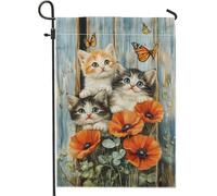 Bandiera da giardino primaverile ed estiva, decorazione da giardino con graziosi gattini, fiori e farfalle, decorazione da giardino su entrambi i lati, in iuta per esterni, decorazione per la casa