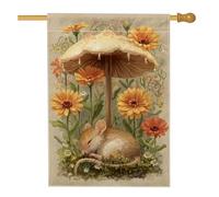 Bandiera da giardino primaverile ed estiva, motivo topolino beige sotto fungo, decorazione floreale su entrambi i lati, bandiera da giardino in iuta per esterni, decorazione per prato, 71 x 101 cm