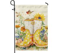 Bandiera da giardino primaverile ed estiva, stivali gialli a pois con fiori e uccello, bandiera in iuta su entrambi i lati, decorazione da giardino per vacanze e giardino, 30,5 x 45,7 cm