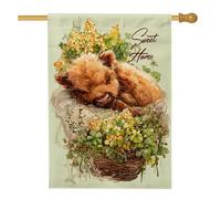 Bandiera da giardino primaverile estate dolce casa, grazioso cucciolo e cesto floreale, decorazione per prato esterno su entrambi i lati, decorazione per prato all'aperto, graziosa decorazione a forma