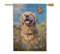 Bandiera da giardino primaverile estate Golden Retriever, fiori colorati e farfalle, decorazione per esterni, striscione in iuta su entrambi i lati per la decorazione del prato domestico 71 x 101 cm